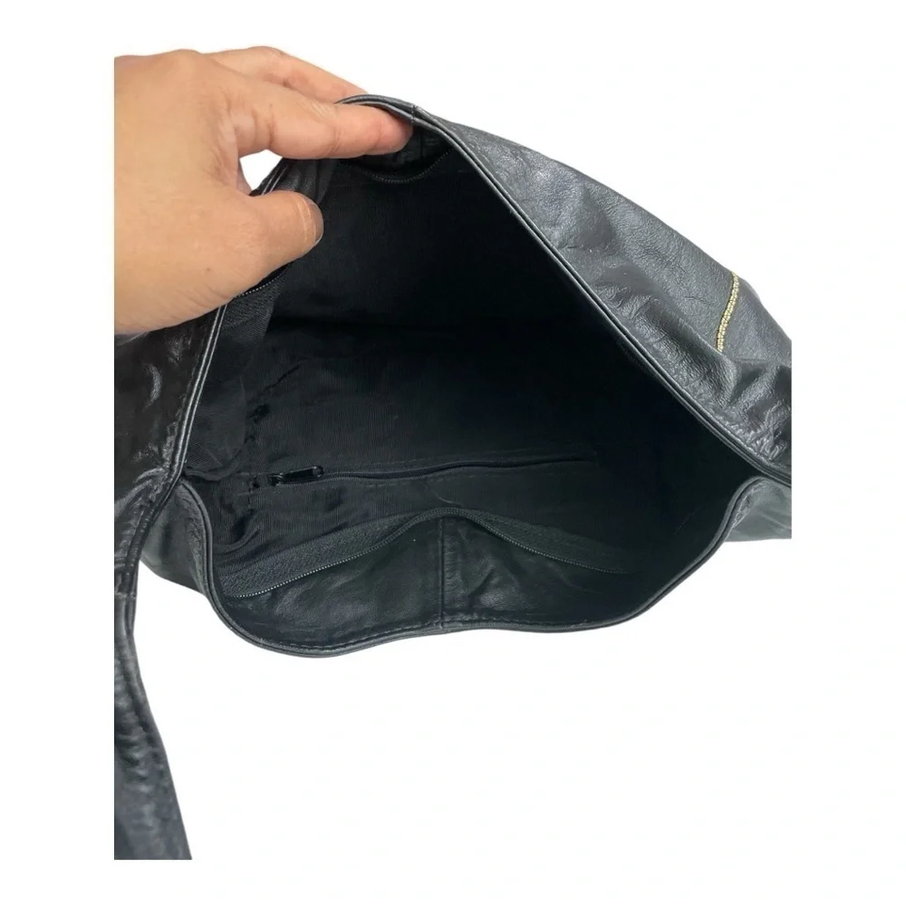 VTG Black Genuine Leather Patchwork Hobo Bag Boho Slouchy Shoulder Purse